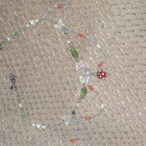 3/$15 Whimsical Silver and Green Necklace with Red Accents